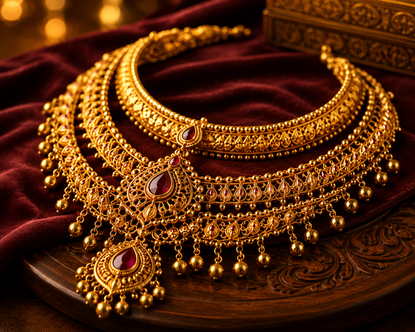 Gold bangles, chains and rings laid out on the shop counter